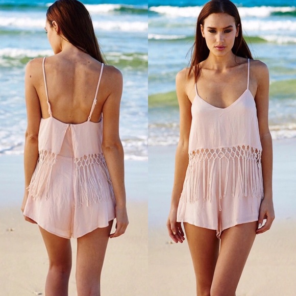 Pants - Blush Tassel Fringe Overlay Romper